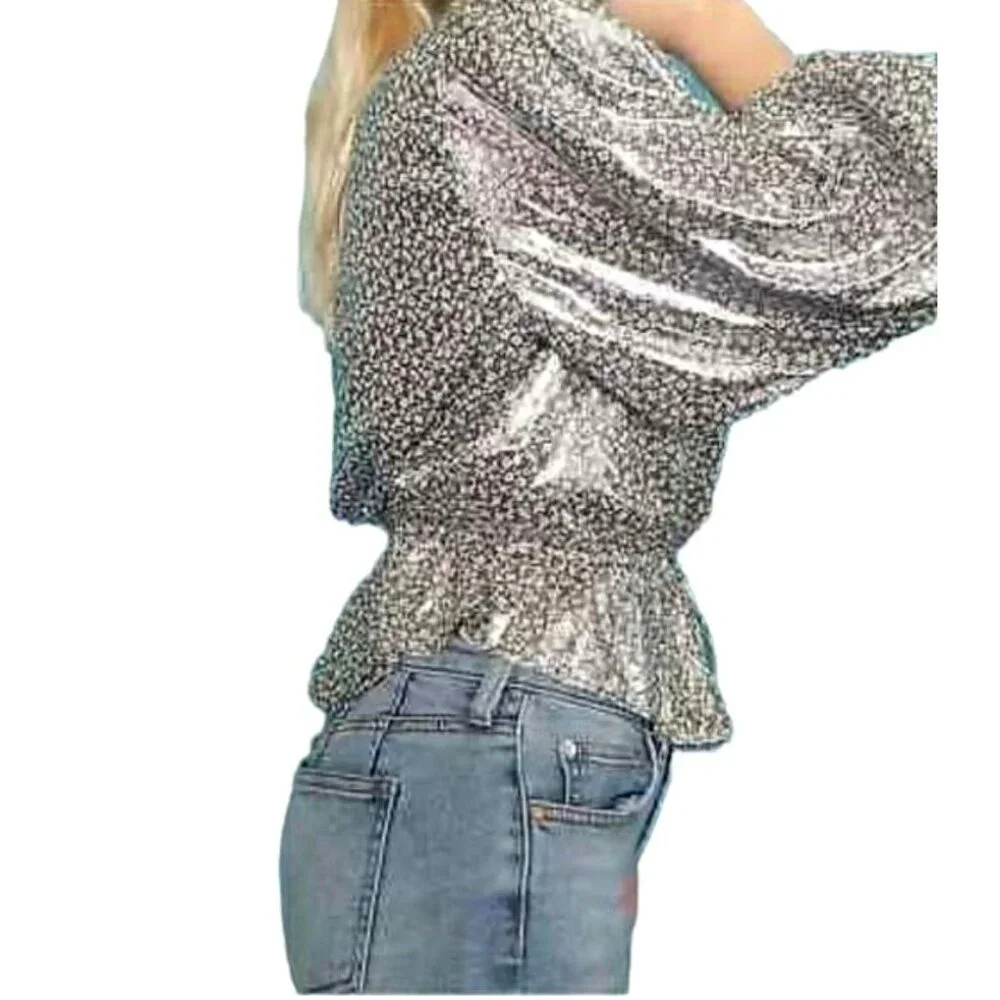 Free People XS Talk That Talk Metallic Silver Floral Puff Sleeve‎ Ruffle Top